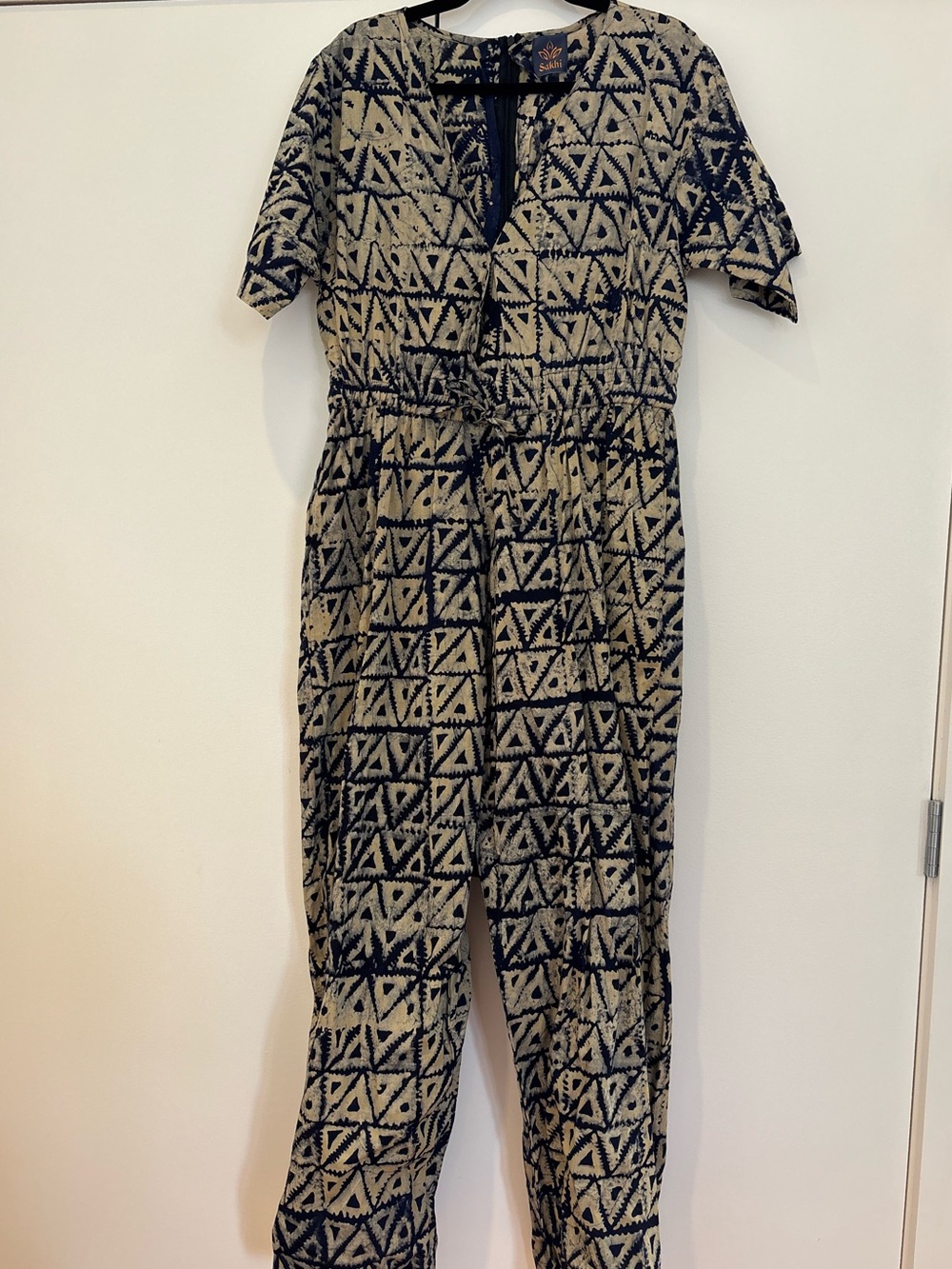 Indian Patterned Short-Sleeve Jumpsuit in Dark Blue and Tan Batik / Tie Dye